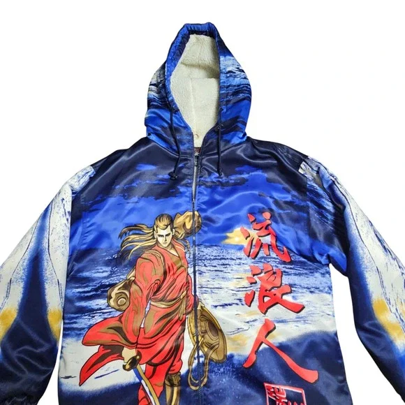 VTG Y2K Zam Urban Wear Anime Sherpa Fleece Lined Coat Jacket Mens XL Polyester
